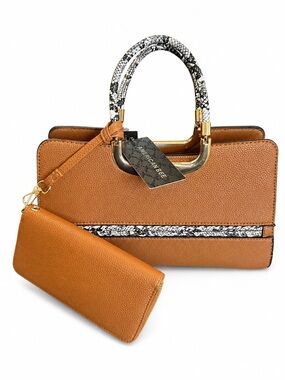 NWT American Bee 2-in-1 Handbag Camel with Snake Detail Handles + Matching Walle